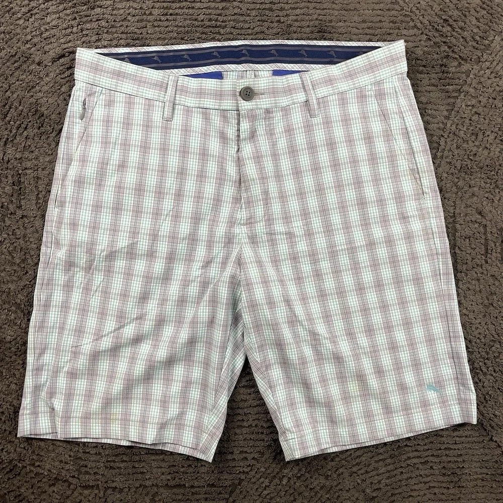 Tommy Bahama Mens 34 Shorts Green Plaid Check Nylon Spandex Blend Stretch Casual